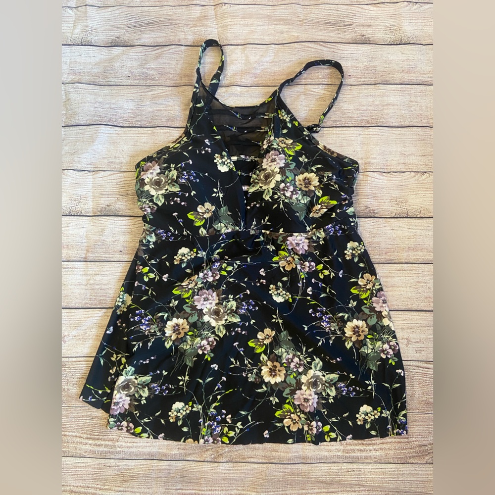 torrid Size 2 Black Floral Swim top with Purple & Green Accents